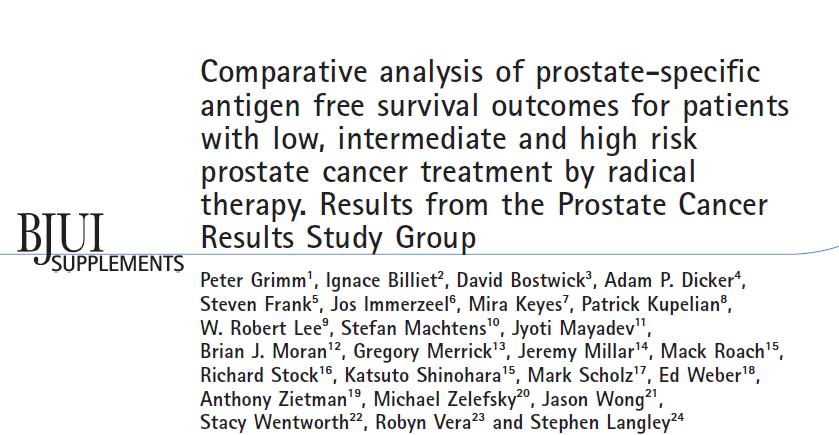 Literature review of all prostate cancer related papers published between 2000 and 2010-5 strict criteria: - minimum/median follow-up of 5 years - stratification into low, intermediate and high risk