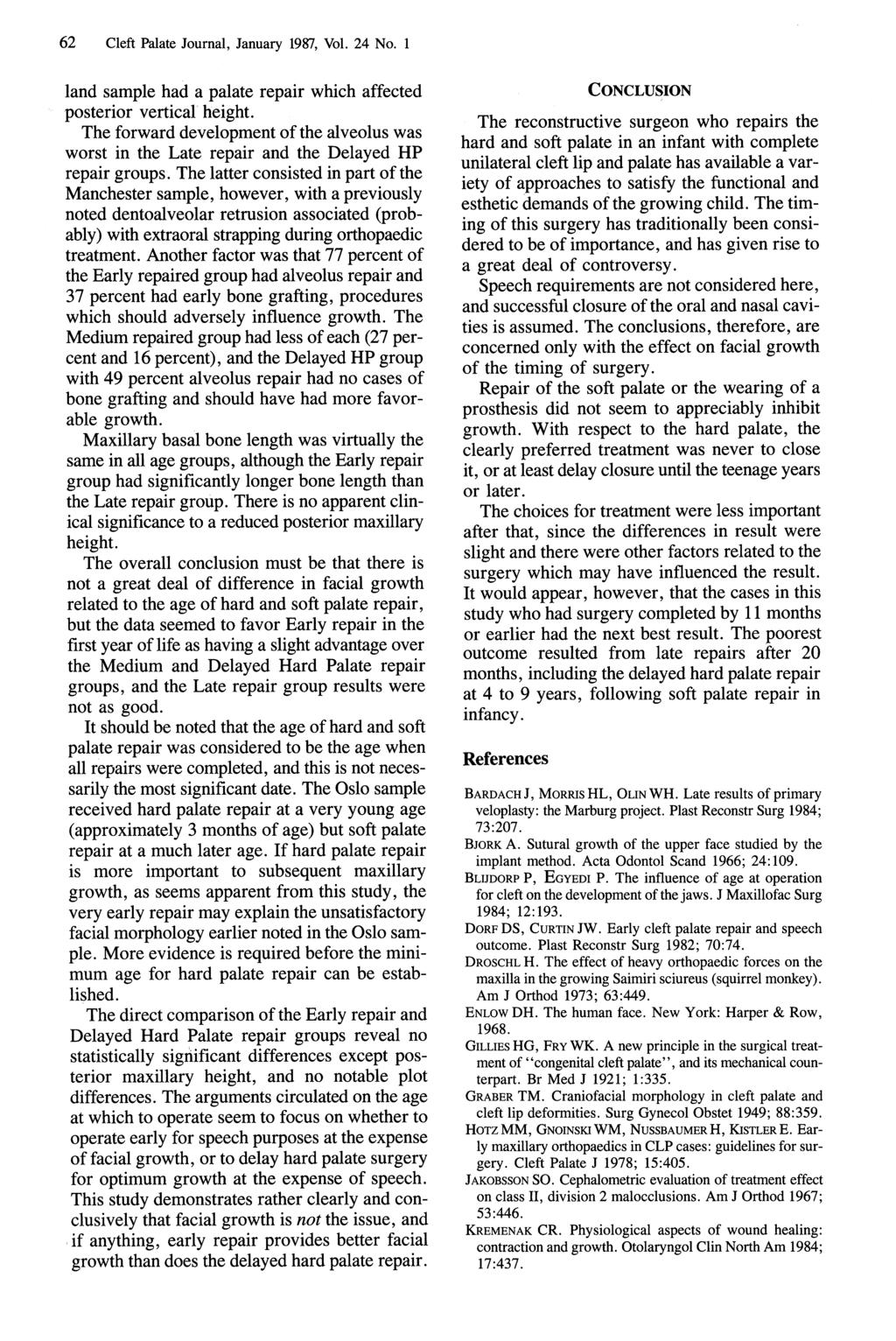 62 Cleft Palate Journal, January 1987, Vol. 24 No. 1 land sample had a palate repair which affected - posterior vertical height.