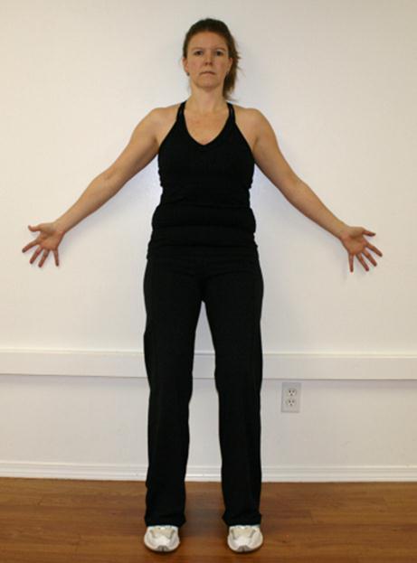 lace your arms on the wall at about from your body with palms facing forward (as shown in the right hand photo).