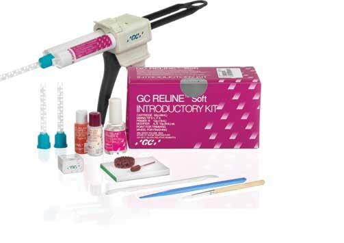 GC Reline Soft & GC Reline Extra Soft Intro Pack 62 g (48 ml) GC Reline Soft Cartridge 6 Universal Mixing Tips II size L (blue) 13 ml GC Reline Primer R GC Reline Modifier A & B 10 g (9 ml) each GC