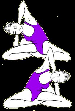 Place the hands on the shoulders, fingers in front and thumbs in back. Inhale, twist to the left. Exhale, twist to the right. Twist your head to each side as well.