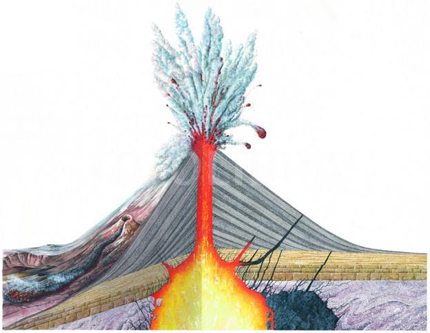Question Two [4 marks] The diagram below shows a volcanic eruption (a) Label the parts of the volcano shown above.