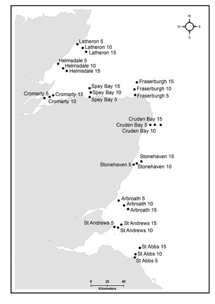 Figure 1. Map showing locations of 30 PAMs moored along the east coast of Scotland, as part of the ECOMMAS project.
