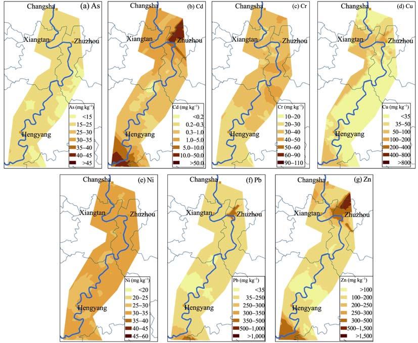 358 Journal of Geographical Sciences Figure 2 Spatial variation maps of the heavy metal distributions in the soils from the midstream and downstream of the Xiangjiang River (SEPAC, 1995).
