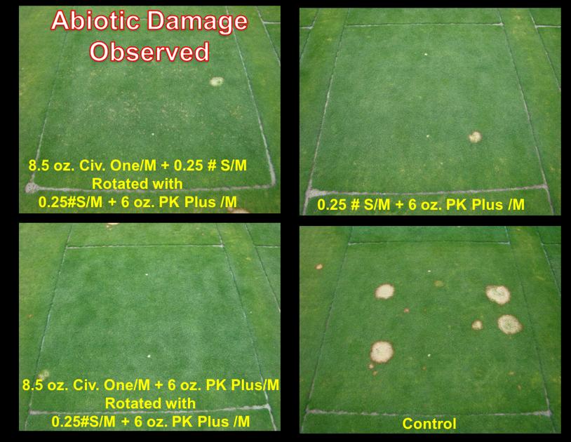Experiment 2: Objective: Determine if applications of the combinations of Civitas One and Sulfur DF or Civitas One and PK Plus in rotation with Sulfur DF and PK Plus would lead to acceptable control