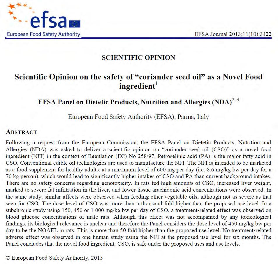 Examples of novel food evaluation: Coriander seed oil -> authorised novel food on