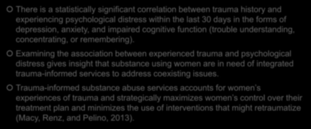 Conclusions There is a statistically significant correlation between trauma history and experiencing psychological distress within the last 30 days in the forms of depression, anxiety, and impaired