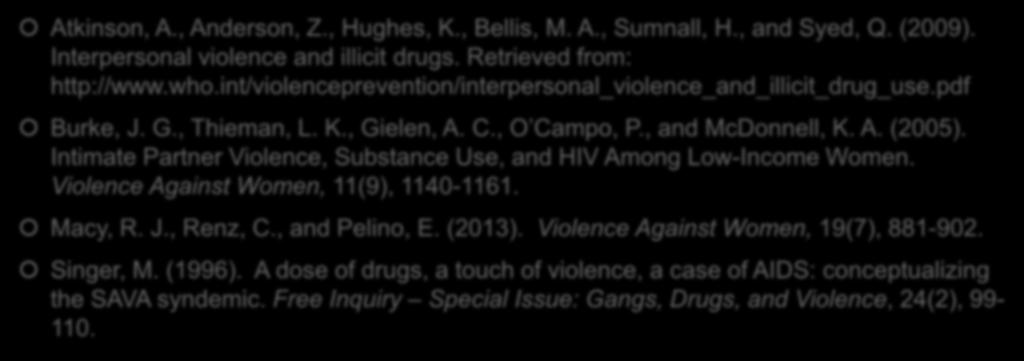 References Atkinson, A., Anderson, Z., Hughes, K., Bellis, M. A., Sumnall, H., and Syed, Q. (2009). Interpersonal violence and illicit drugs. Retrieved from: http://www.who.