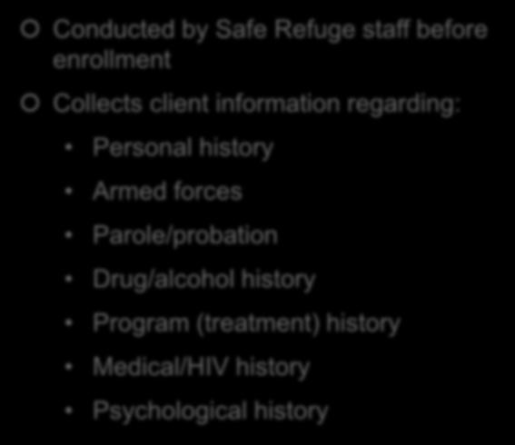 Methods (2) Intake Assessment Conducted by Safe Refuge staff before enrollment Collects client information regarding: Personal history Armed forces