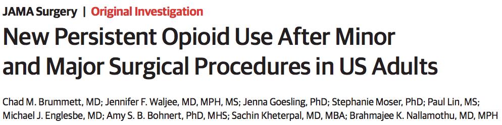 N=36,177 patients, mean age 44.6y, 66% female, 72% white, 80% minor surg, 20% major surg Primary outcome: Opioid Rx 90-180 days post surgery Results: 5.9 to 6.5%; Non op control group 0.