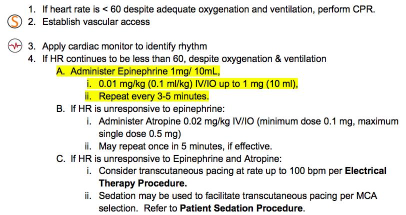 This protocol indicates than EMS providers should administer push dose epinephrine after atropine and transcutaneous pacing is unsuccessful.