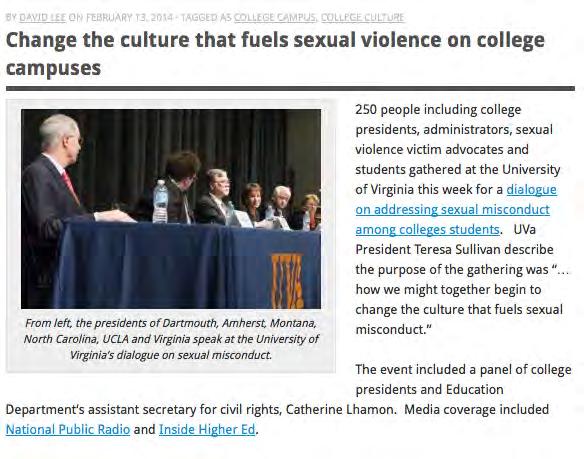 PreventConnect Podcast & Blogs Campus Sexual Assault garners naconal amencon Change the culture that fuels sexual violence on college campuses Beyond bystander intervencon: Addressing power- based
