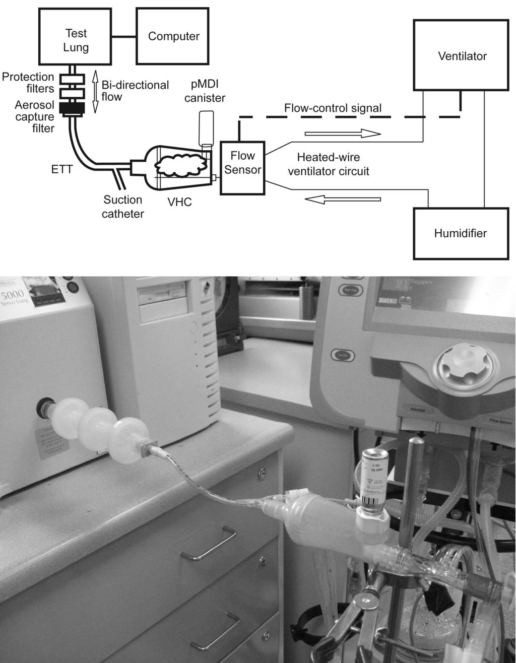 A NOVEL, VERSATILE VALVED HOLDING CHAMBER Fig. 2. Simulated aerosol delivery with the AeroChamber Mini valved holding chamber (VHC) during mechanical ventilation. A: Schematic.