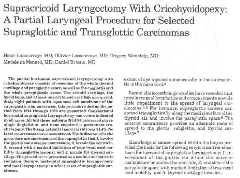 Supracricoid laryngectomy (SCL + CHP / CHEP) First described by Majer & Rieder in 1959 Rediscovered and modified by the French in 1974 Not widely
