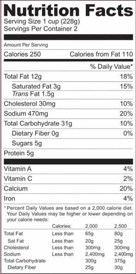 Total Fat Label Basics No more than 5% of Daily Value (DV) No more than 2g saturated fat per serving As close to 0g trans fat as possible Cholesterol If