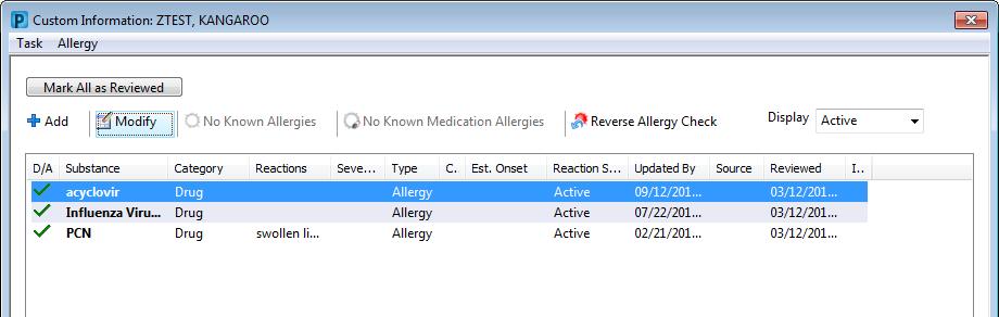 Recording an Intolerance of Medication Intolerance can be recorded for all Active Drug Reactions within the Allergy