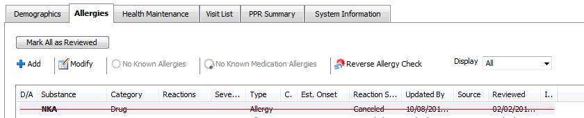 Display Filter NKA is shown with a red line through it, indicating it was canceled. In the main allergy window this view is set to All.