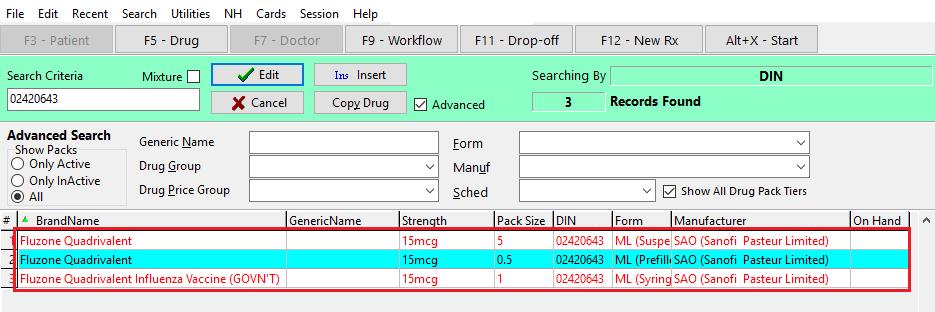 perform an advanced search for all packs; inactive drug packs will appear in red text. 4.