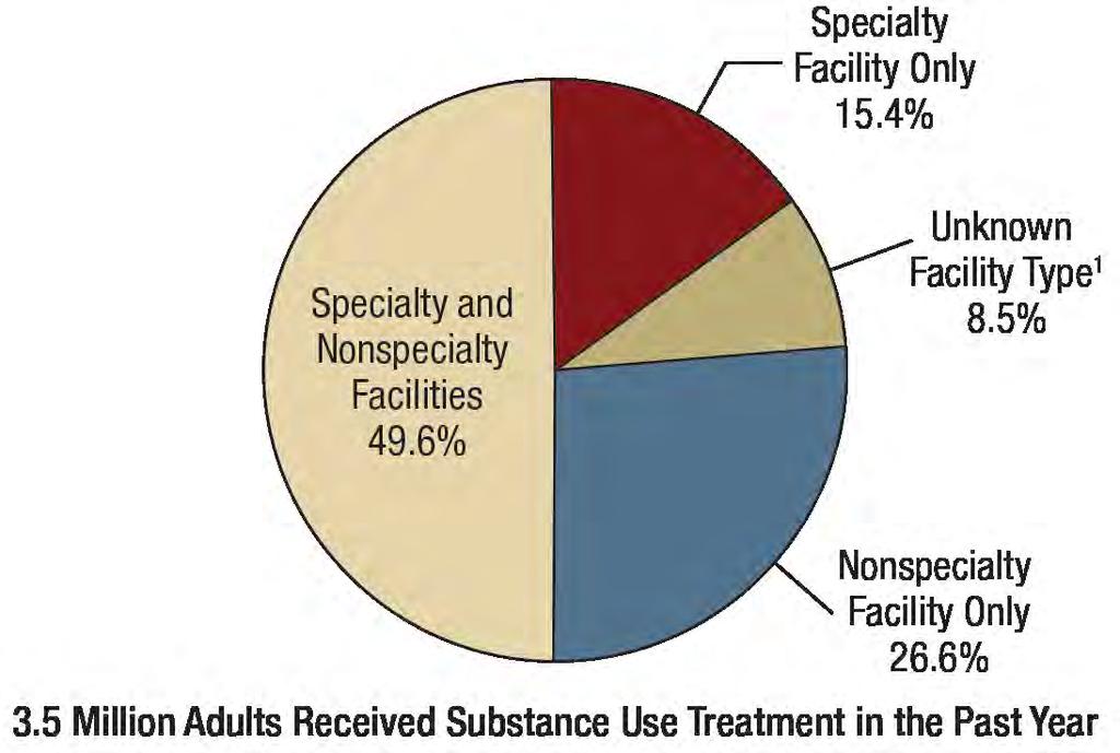 TYPE OF SUBSTANCE USE TREATMENT RECEIVED IN THE PAST YEAR IN ADULTS Note: The percentages do not add to 100 percent due to rounding.