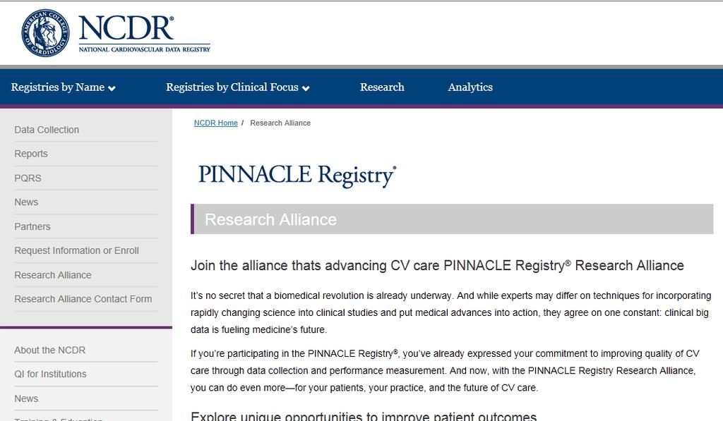 New PINNACLE Registry Research Alliance American College of Cardiology (ACC) Leverages PINNACLE Registry 25k physician-patient