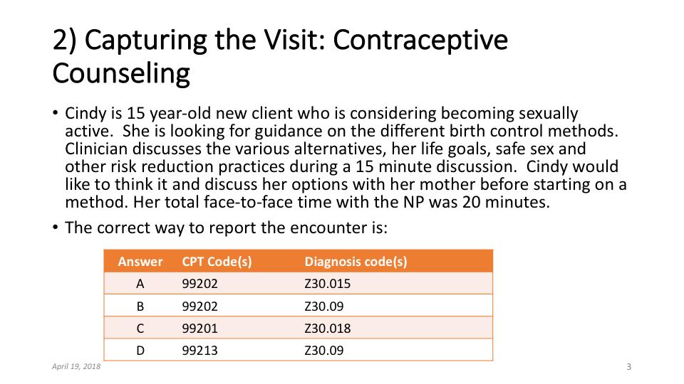 The correct answer is B. Since Cindy received general family planning advice on contraception but did not initiate a specific method, the correct code to use is Z30.09.