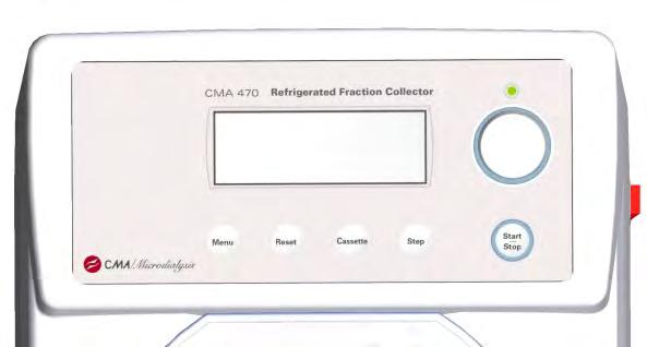 4 DESCRIPTION The CMA 470 Refrigerated Fraction Collector consists of a temperaturecontrolled cassette magazine (+6 C to room temperature) and a control panel.