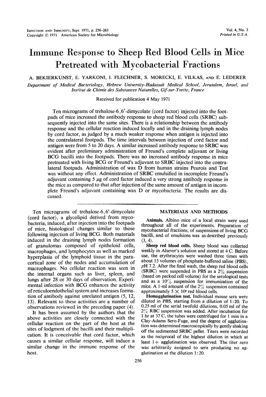 NFECTON AND MMUNTY, Sept. 1971, p. 256-263 Copyright 1971 Amerian Soiety for Mirobiology Vol. 4, No. 3 Printed in U.S.A. mmune Response to Sheep Red Blood Cells in Mie Pretreated ith Myobaterial Frations A.