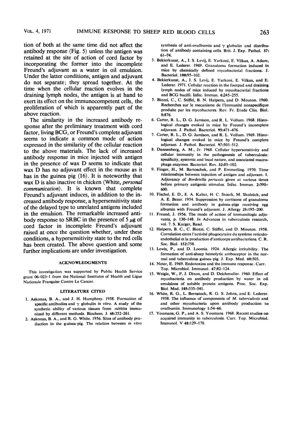VOL. 4, 1971 MMUNE RESPONSE TO SEEEP RED BLOOD CELLS 263 tion of both at the same time did not affet the antibody response (Fig.