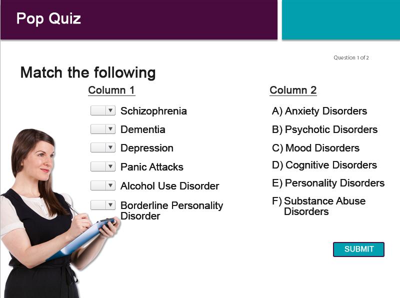 Slide 15 - Pop Quiz #1 Match the Mental Illness Diagnosis on