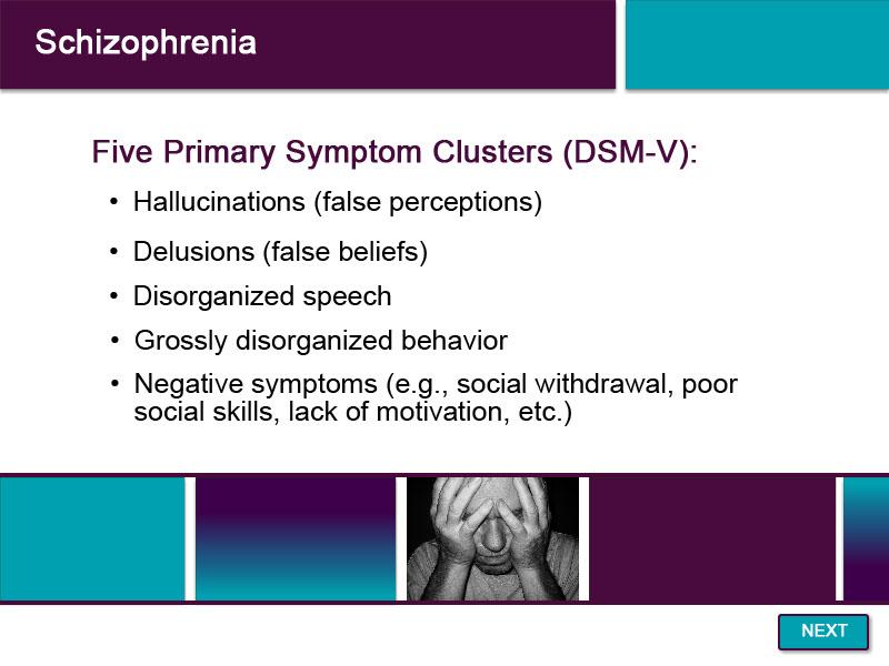 Slide 17 - Schizophrenia - 1 According to DSM, five symptoms of schizophrenia include hallucinations, delusions, disorganized speech,