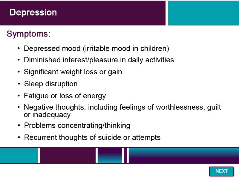 Slide 23 - Depression - 1 According to the Center for Disease Control, one in ten Americans experience depression on some level.