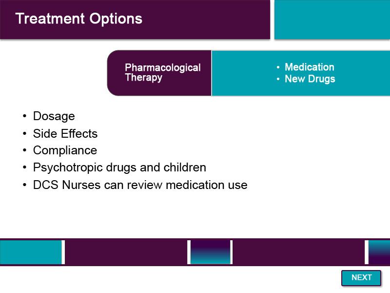 Slide 40 - Treatment Options - 4 Finding the right drug dosage, drug side effects, and client compliance with prescriptions are all key aspects