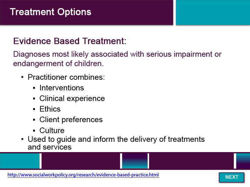 Slide 42 - Treatment Options - 6 Evidence Based Treatment is any practice that has been established as effective through scientific research according to a set of explicit criteria.