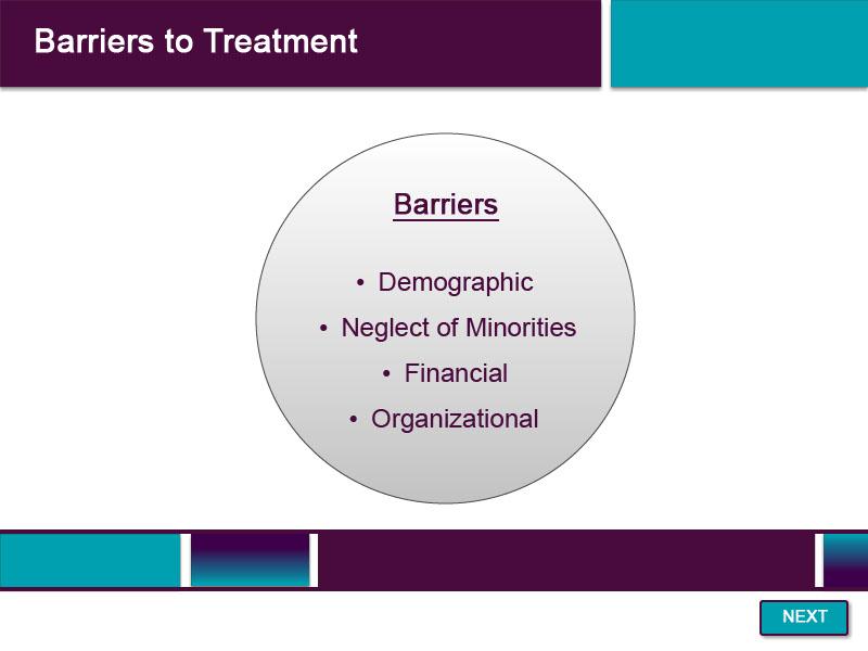 Slide 44 - Barriers to Treatment - 1 Barriers to treatment fall under several umbrella categories.