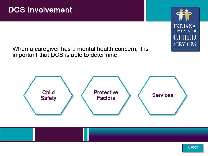 Slide 58 - DCS Involvement - 1 When a caregiver has a mental health concern, it is important that DCS is able to determine if that concern poses a threat to the safety of