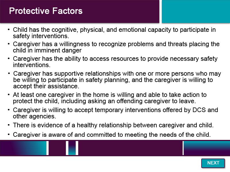 Slide 61 - Protective Factors - 2 Here are some Protective Factors a family may possess. Understand that these are examples, this is not a complete list.