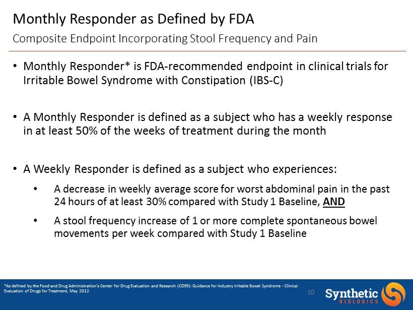 10 Monthly Responder as Defined by FDA Monthly Responder* is FDA - recommended endpoint in clinical trials for Irritable Bowel Syndrome with Constipation (IBS - C) A Monthly Responder is defined as a