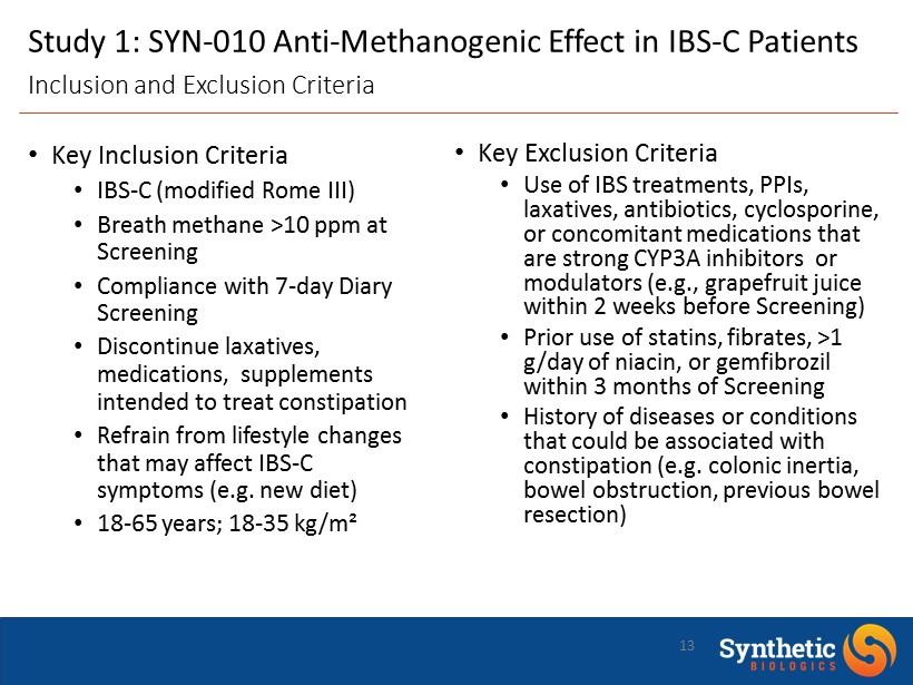 13 Key Inclusion Criteria IBS - C (modified Rome III) Breath methane >10 ppm at Screening Compliance with 7 - day Diary Screening Discontinue laxatives, medications, supplements intended to treat