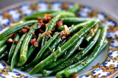 Menu Green beans with bacon Frozen beans 4 slices of bacon cooked well and dried Crumbled to infuse flavor not
