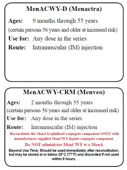 Meningococcal Vaccine Contraindications and Precautions Severe allergic reaction to vaccine component or following prior dose Moderate or severe acute illness Vaccine Administration