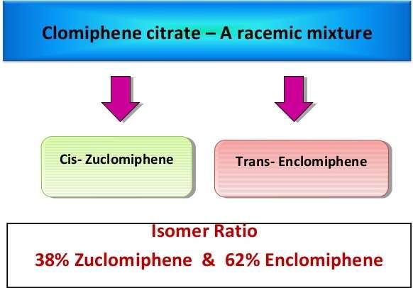 Clomiphene citrate CC is a racemic mixture of two isoforms enclomiphene and zuclomiphene.