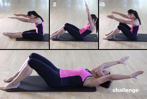 Flat Abs: Roll-Up Begin this starter sit-up with your legs straight in front of you. Extend your arms over your legs and lower your head between your arms.