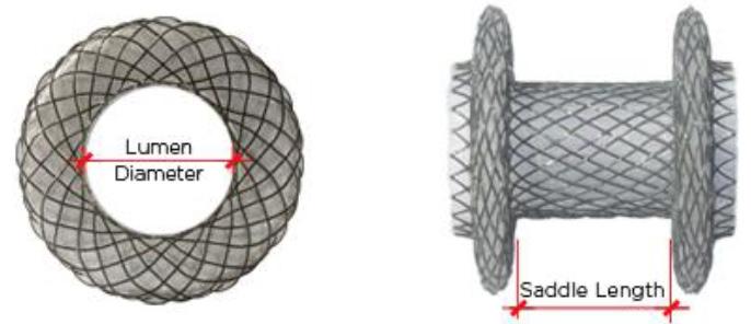 AXIOS Stent (front and side views) UPN Codes Flange Diameter (mm) Lumen Diamter (mm) Saddle Length (mm) Catheter OD (Fr)
