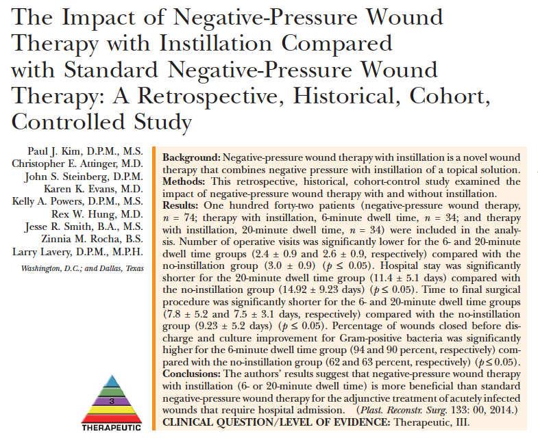 Negative Pressure Wound Therapy after Partial Diabetic Foot Amputation: a multicentre, randomised controlled trial. Armstrong DG, Lavery LA. Lancet 2005; 366: 1704-10.
