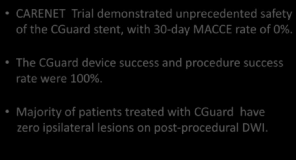 CARENET Conclusions CARENET Trial demonstrated unprecedented safety of the CGuard stent, with 30-day MACCE rate of 0%.