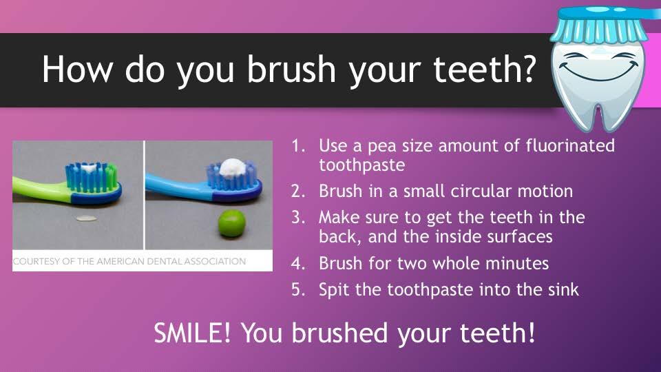 When you brush your teeth, just use a small amount of toothpaste, the size of a pea. If you have baby brothers or sisters, they only use toothpaste the size of a grain of rice.