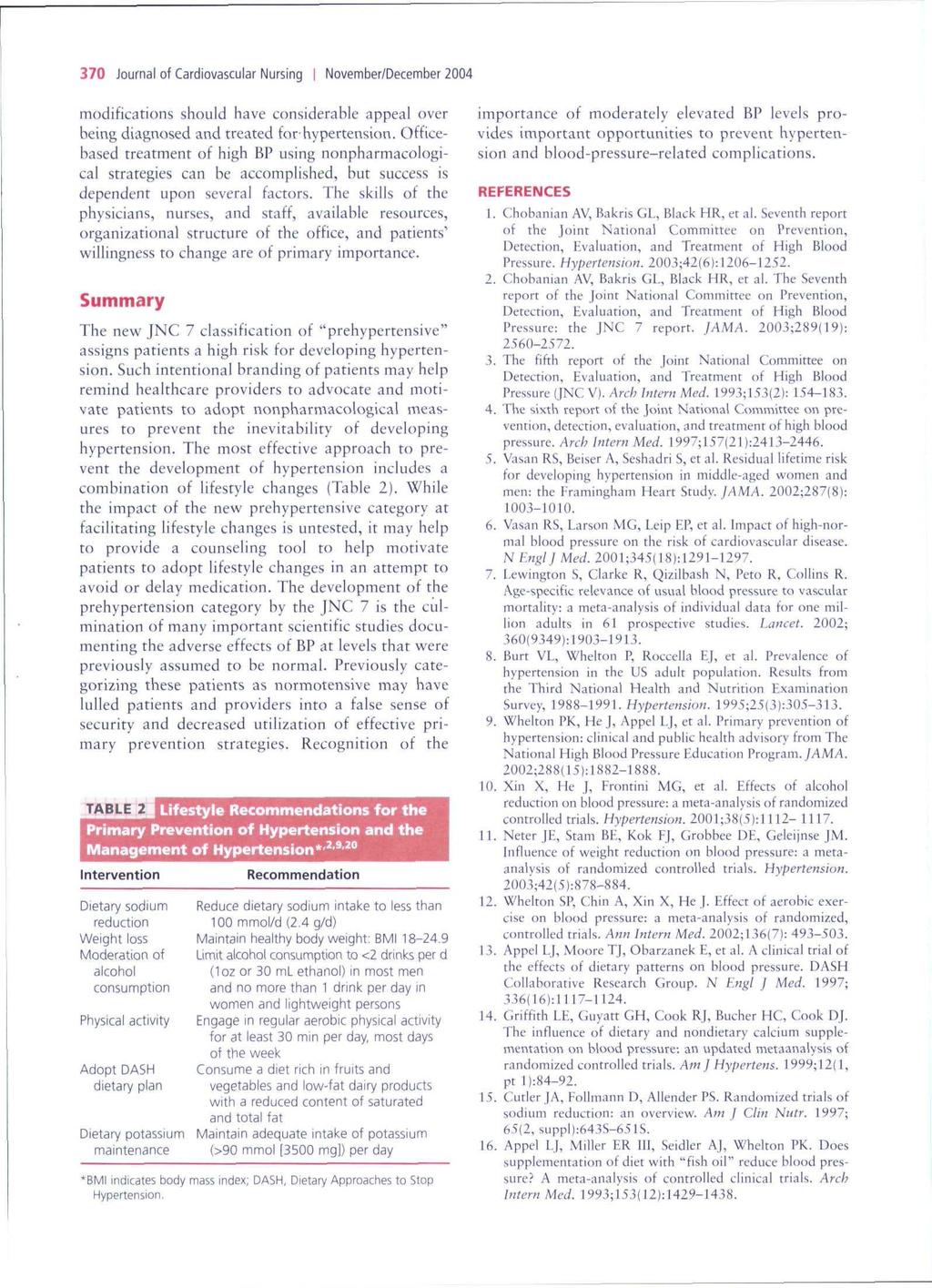 370 Journal of Cardiovascular Nursing November/December 2004 modifications should have considerable appeal over being diagnosed and treated for hypertension.