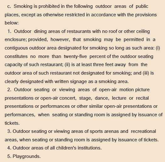 New York City smoke-free air act 2002 Prohibited smoking in outdoor areas of public places,
