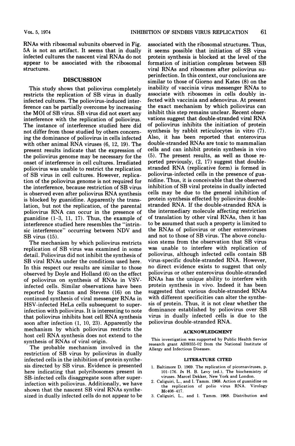 VOL. 5, 1974 INHIBITION OF SINDBIS VIRUS REPLICATION 61 RNAs with ribosomal subunits observed in Fig. 5A is not an artifact.