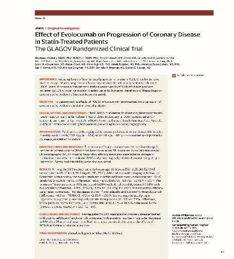 SJ Nicholls and coauthors Effect of Evolocumab on Progression of Coronary Disease in Statin-Treated Patients: The GLAGOV